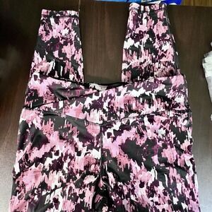 Athletic Works Pink Black Print Leggings L 12-14‎ High Rise Stretch Active